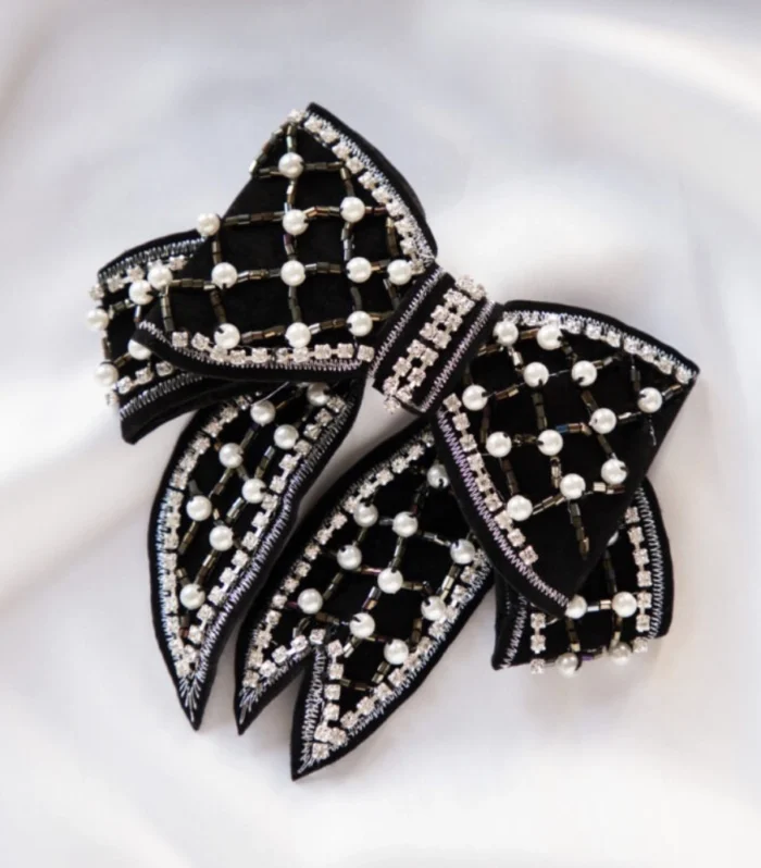 Black luxury velvet pearl and crystal hair bow