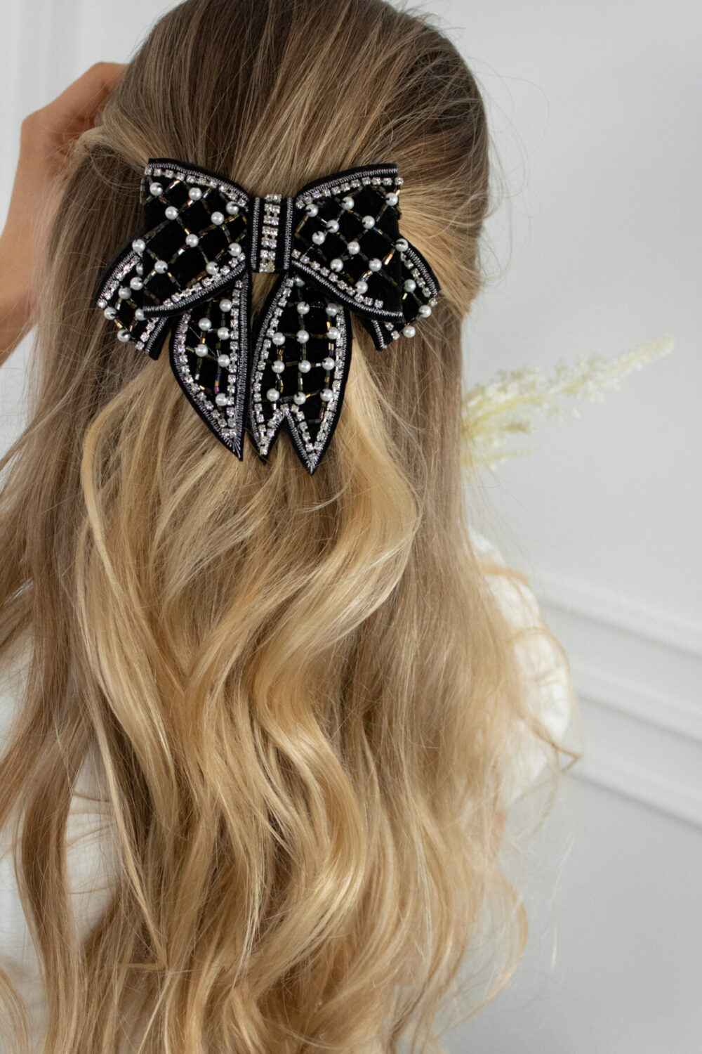 Black luxury velvet pearl and crystal hair bow – Image 5