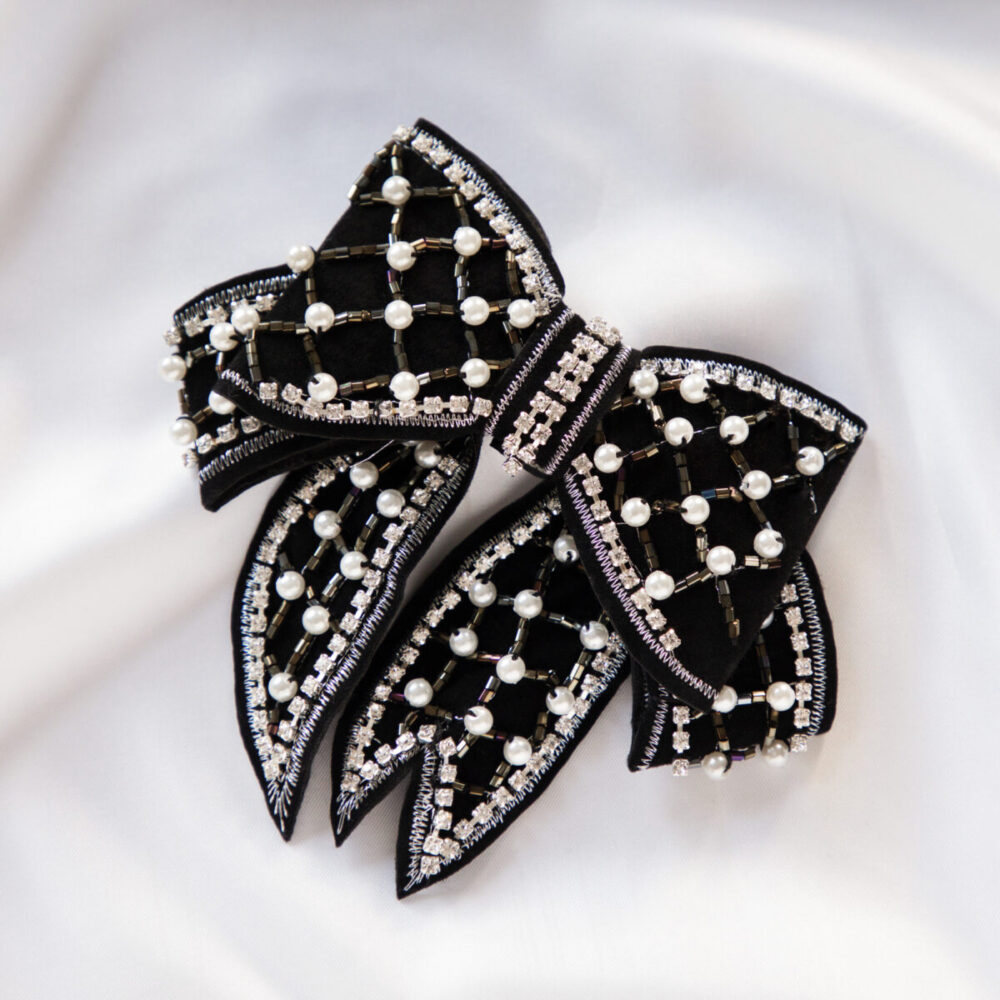 Black luxury velvet pearl and crystal hair bow