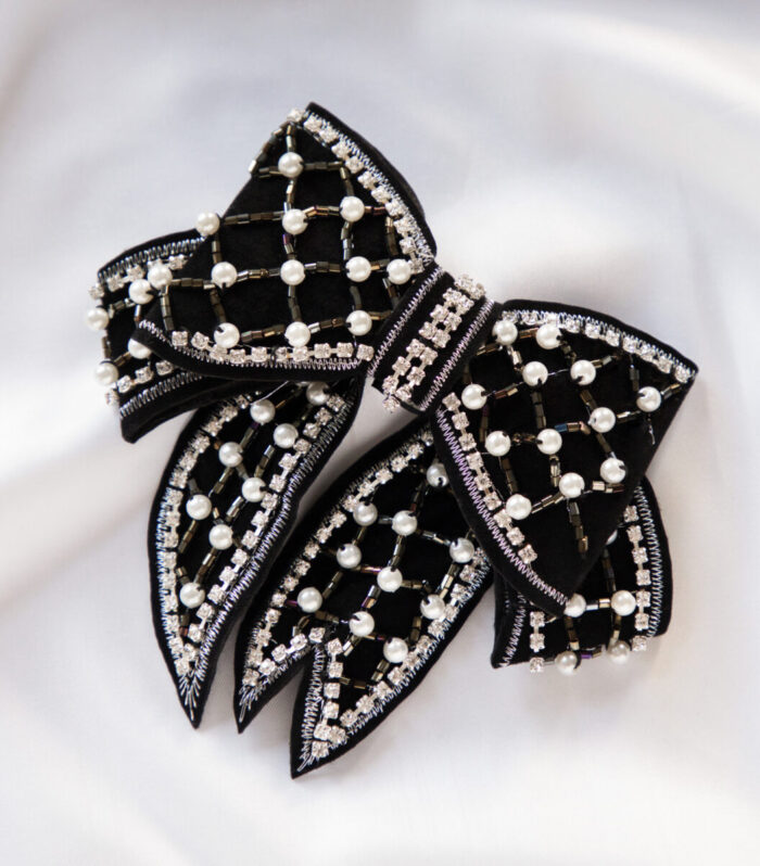Black luxury velvet pearl and crystal hair bow